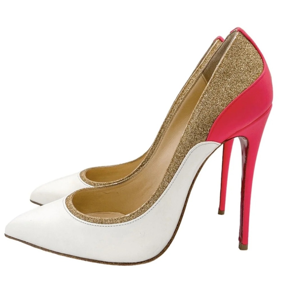 Christian Louboutin Tucsick 120mm Leather Pumps Gold White Pink Size 37 US 7